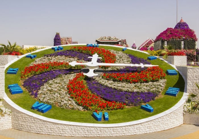 El reloj de flores en el Dubai Miracle Garden