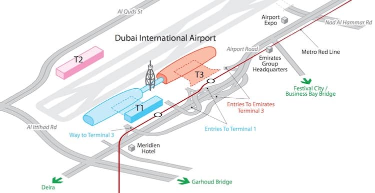 Mapa de las terminales del aeropuerto de Dubái